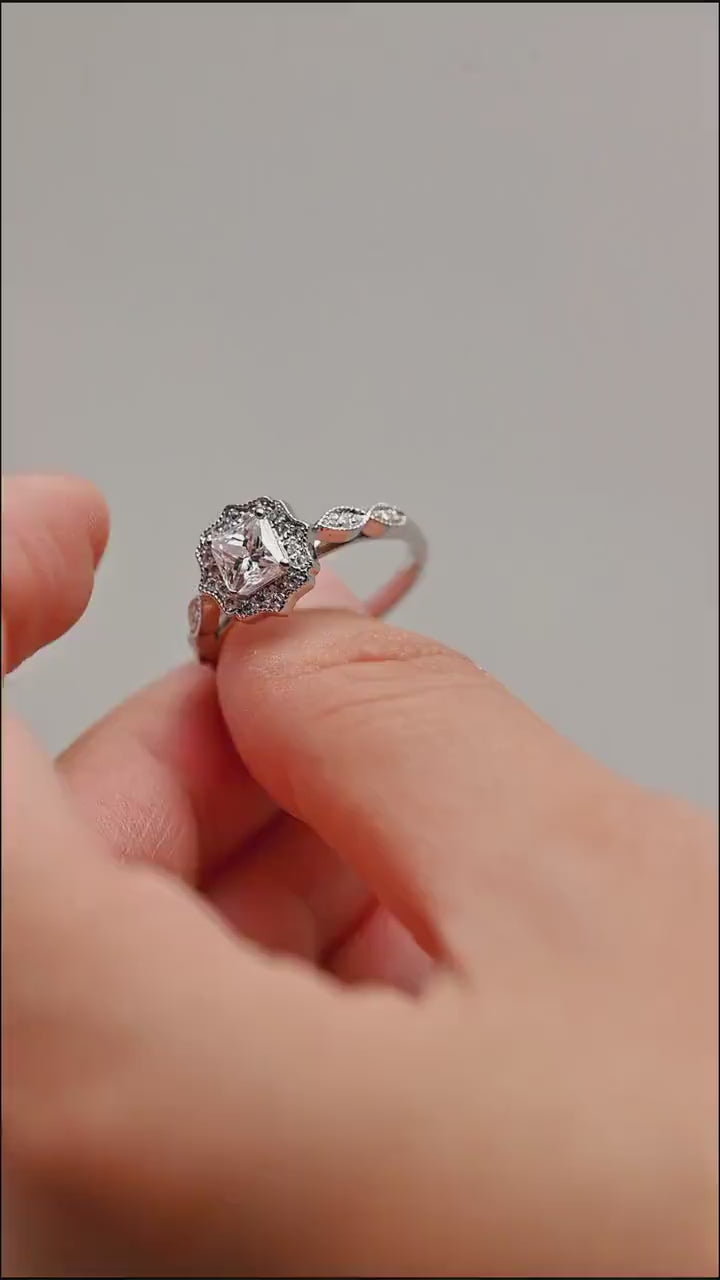 Solid Gold Princess Cut Moissanite Engagement Ring, Beaded Halo Proposal Ring