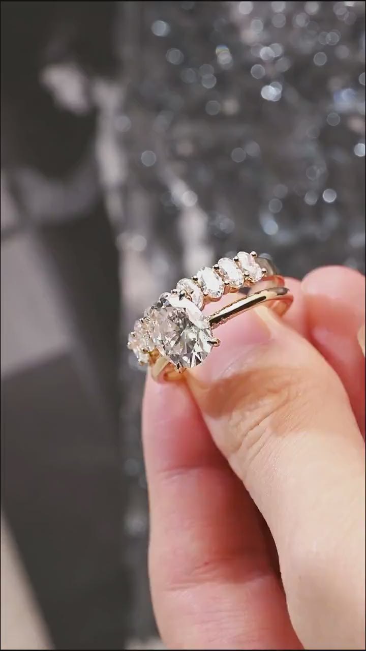 Solid Gold Oval Cut Moissanite Wedding Band Set, bridal engagement ring