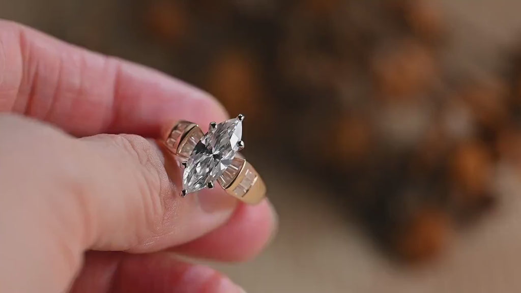 Solid Gold Marquise Cut Moissanite Engagement Ring, Anniversary Gift for Women