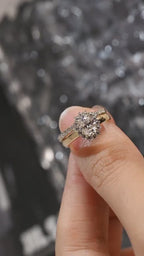 Solid Gold Floral Halo Oval Moissanite Wedding Band Set