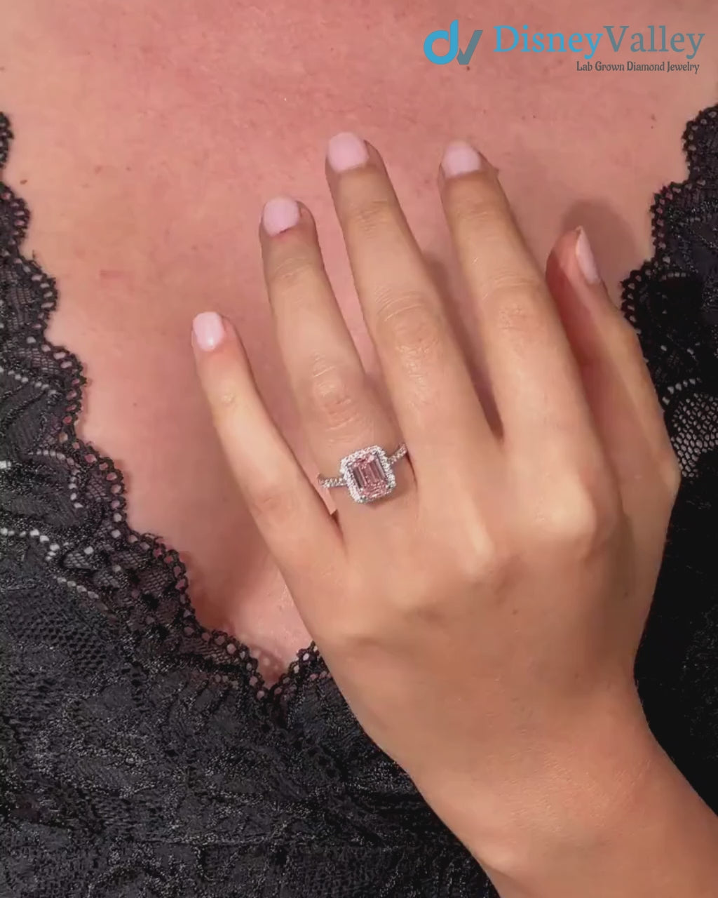 2.5 Carat IGI Fancy Vivid Pink Color Emerald Cut Lab Grown Halo Engagement ring