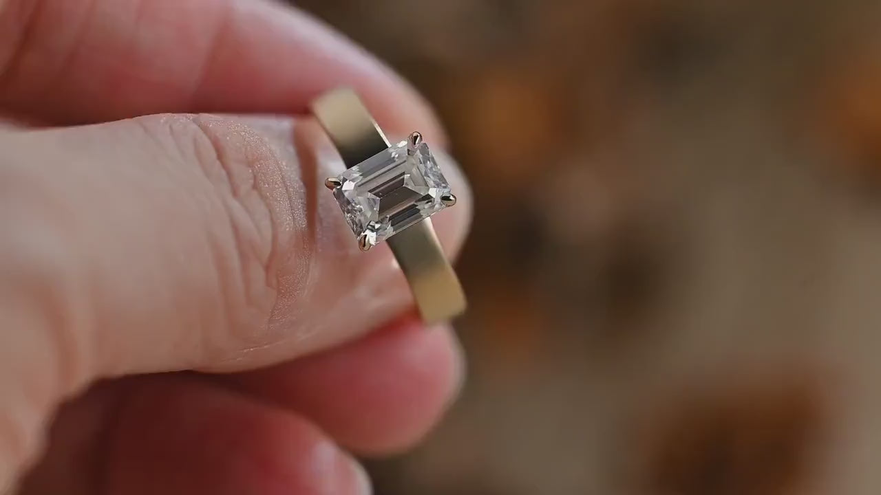Solid Gold Satin 4mm Band Emerald Cut Moissanite Engagement Ring, Handmade Promise Ring