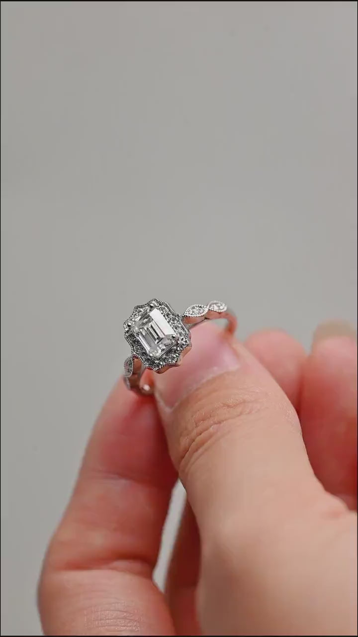 Solid Gold Emerald Cut Moissanite Engagement Ring, Beaded Halo Half Pave Ring