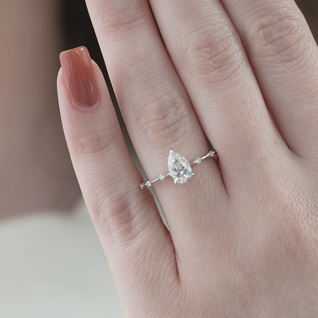 Pear Lab Grown Hidden Halo Dainty Pave Engagement Ring