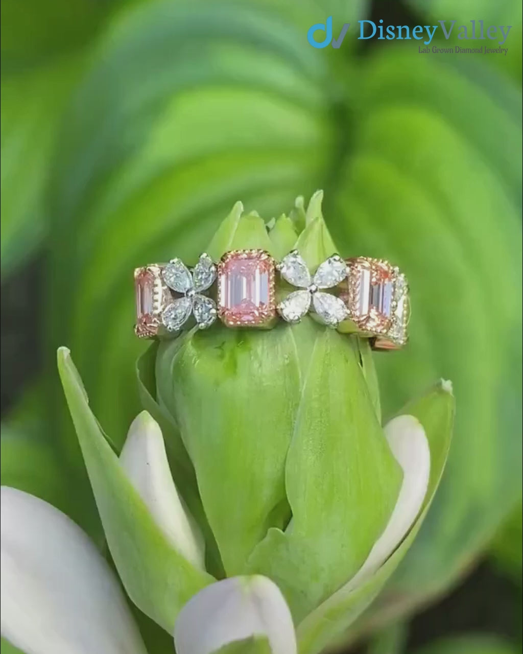 2.30ct Pink Emerald Cut and Pear Cluster Lab Grown Diamond Gold Band