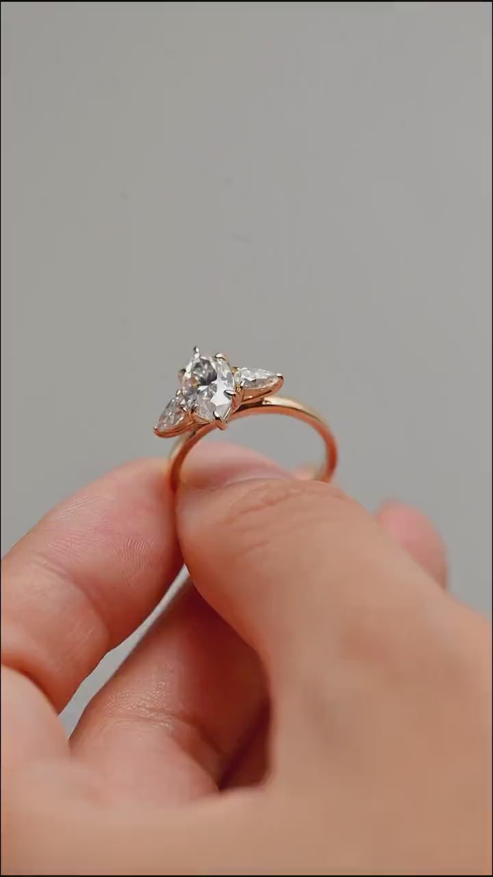 Solid Gold Marquise Cut Moissanite Engagement Ring, Three Stone Ring