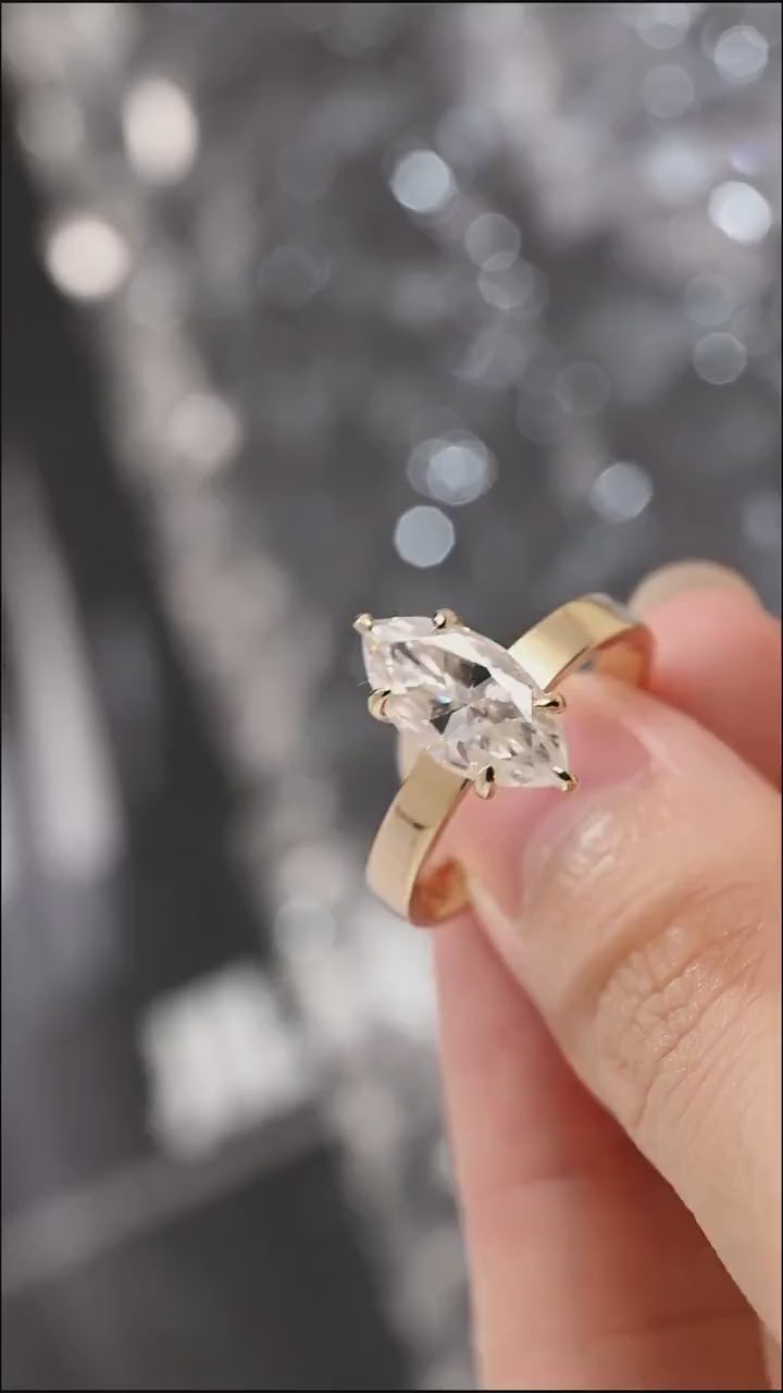 Solid Gold Marquise Cut Moissanite Engagement Ring, 3mm Wide Band