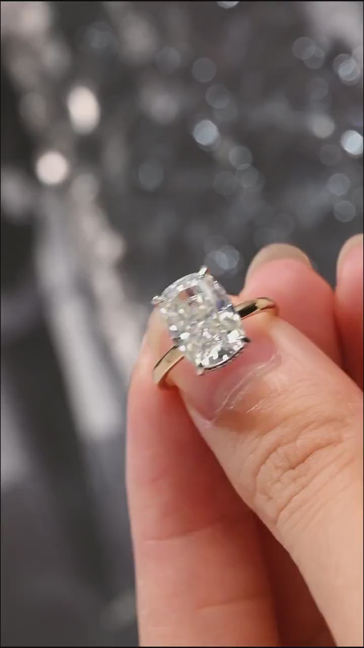 Solid Gold Elongated Crushed Ice Cushion Moissanite Engagement Ring, Two Tone Custom Ring
