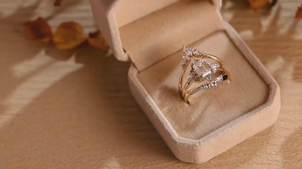 Solid Gold Emerald Cut Moissanite Engagement Ring Set, Wedding Band Set