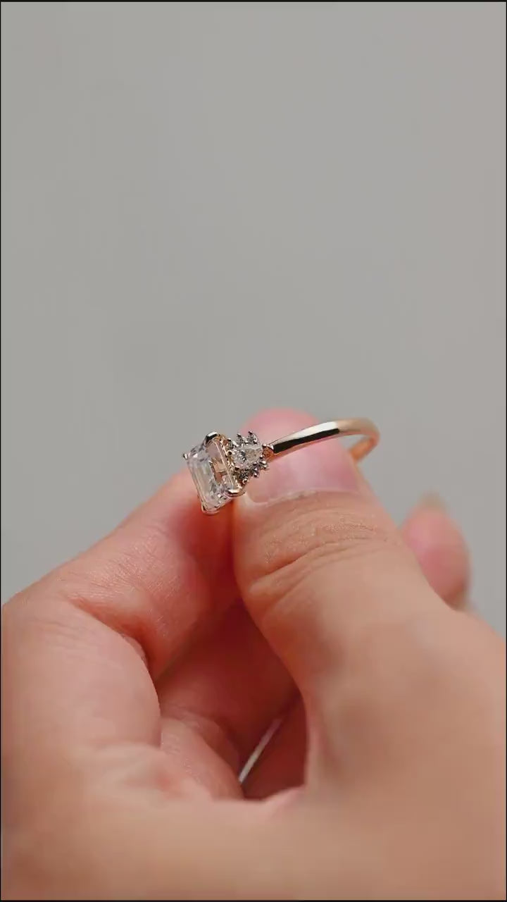 Solid Gold Emerald Cut Moissanite Engagement Ring With Trapezoid, Dainty Cluster Promise Ring