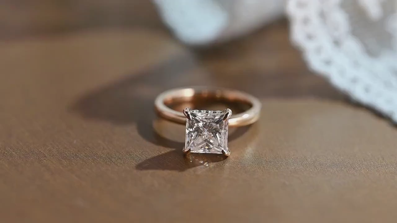 Solid Gold Princess Moissanite Engagement Ring, Proposal Ring