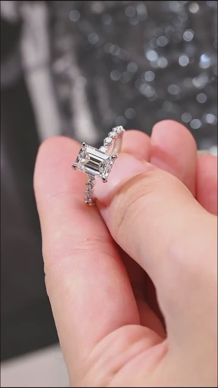 Solid Gold Emerald Cut Moissanite Engagement Ring, Half Eternity & Hidden Halo Promise Ring