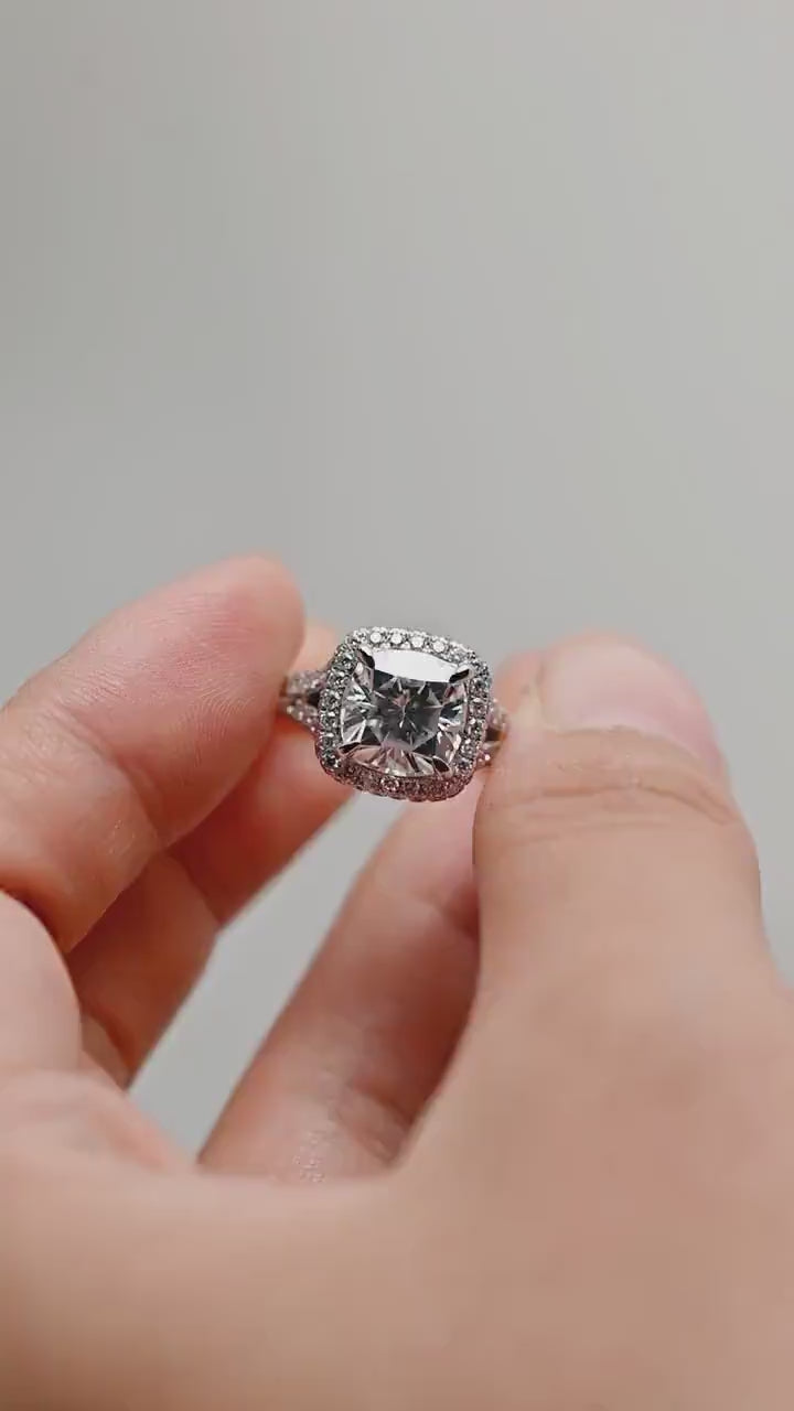 Solid Gold Cushion Cut Moissanite Engagement Ring, Proposal Ring