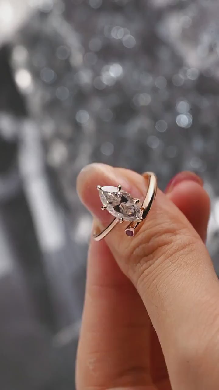 Solid Gold Marquise Cut Moissanite Engagement Ring, Open Shank Ring