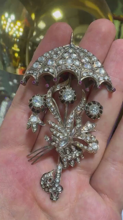 Antique rose cut moussanite diamond unbrella brooch