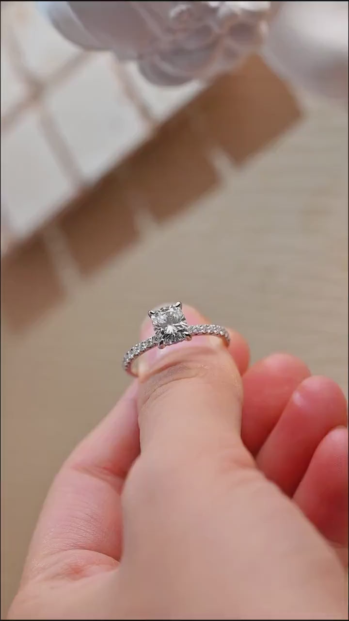Solid Gold Elongated Cushion Moissanite Engagement Ring, Hidden Halo Bridal Ring