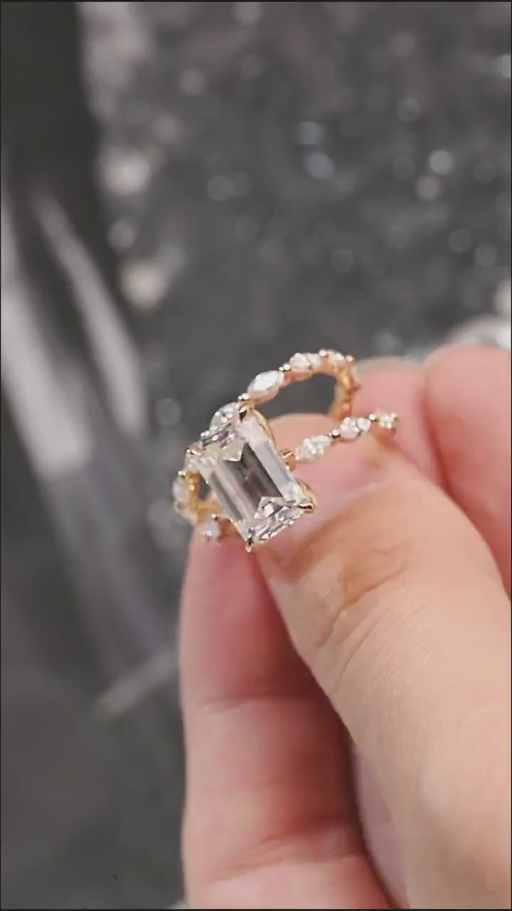 Solid Gold Elongated-Emerald Cut Moissanite Engagement Ring, Eternity Pave Ring ONLY RING