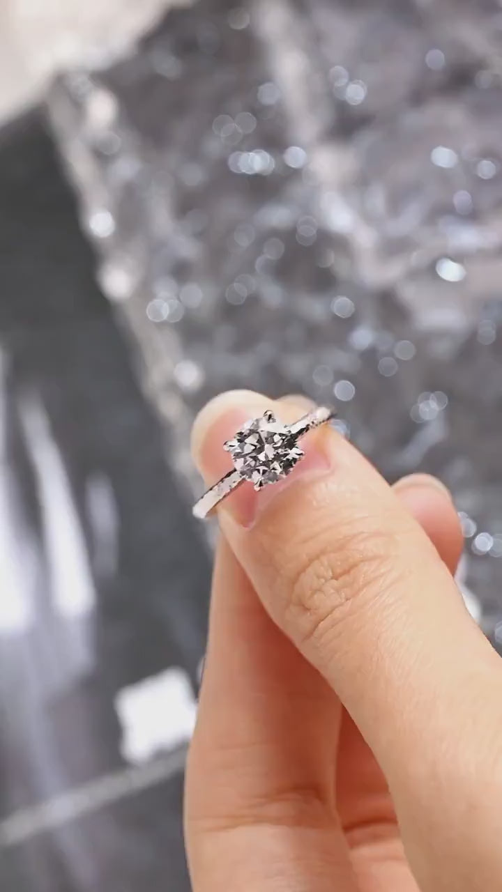 Solitaire Round Diamond Engagement Ring, Solid Gold Hammered Promise Ring, Birthday Gift for Women