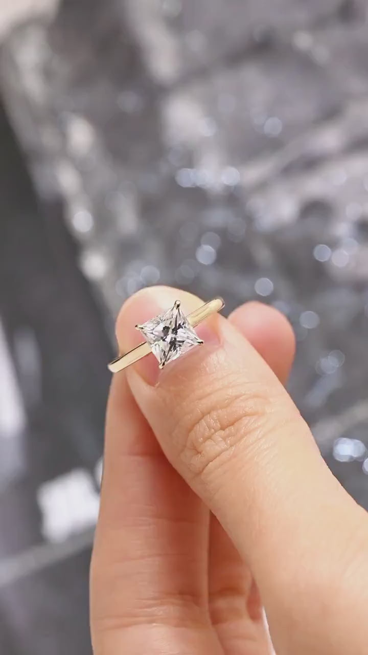 Solid Gold Princess Cut Moissanite Engagement Ring, Promise Ring