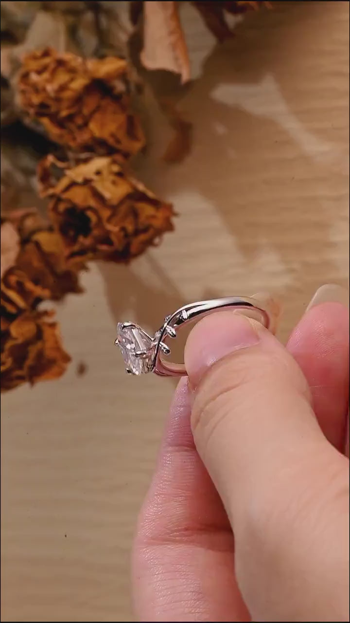 Solid Gold Leaf Ring, Marquise Moissanite Engagement Ring, Proposal Ring