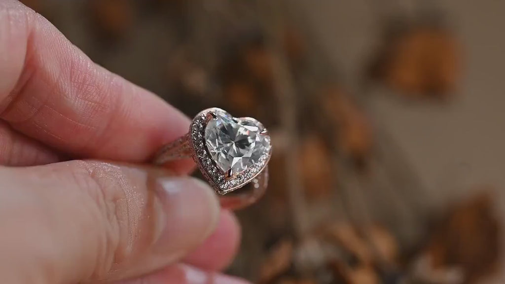 Solid Gold Halo Heart Cut Moissanite Engagement Ring