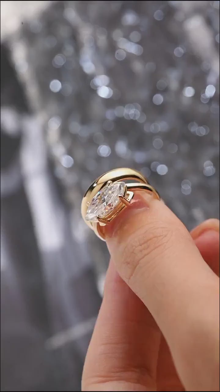 Solid Gold East-West Marquise Cut Moissanite Wedding Band Set, Bridal Set