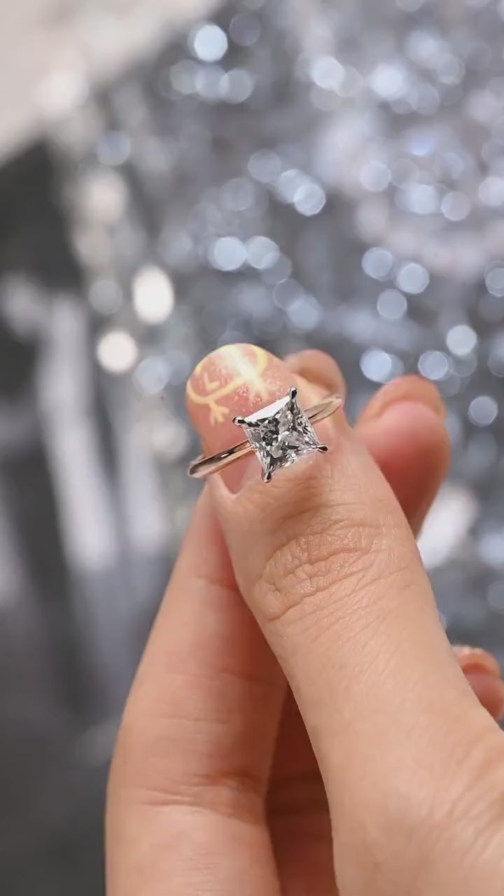 Solid Gold Two Tone Princess Cut Moissanite Engagement Ring, Proposal Ring