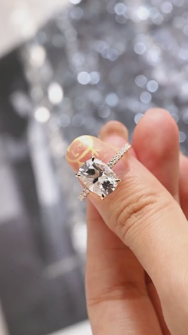 Solid Gold Elongated Cushion Cut Moissanite Engagement Ring, Proposal Ring