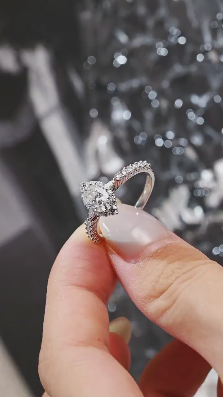 Solid Gold Marquise Cut Moissanite Engagement Ring, Halo & Half Pave Ring