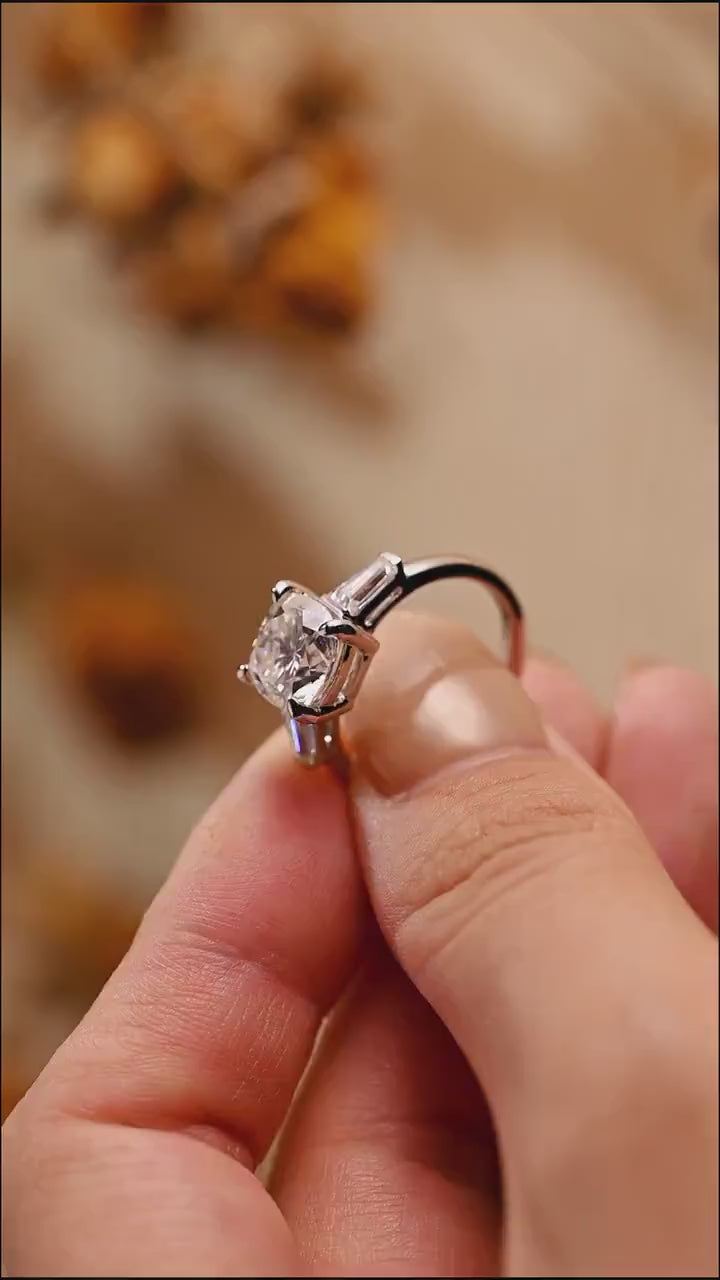 Solid Gold Cushion Cut Moissanite Engagement Ring, Three Stones Ring