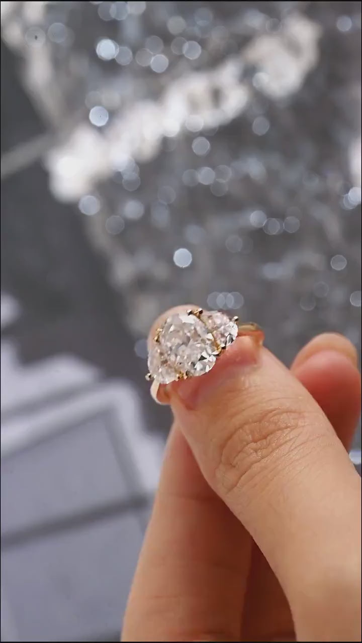 Solid Gold Oval Moissanite Engagement Ring with Half-moon Side Stones