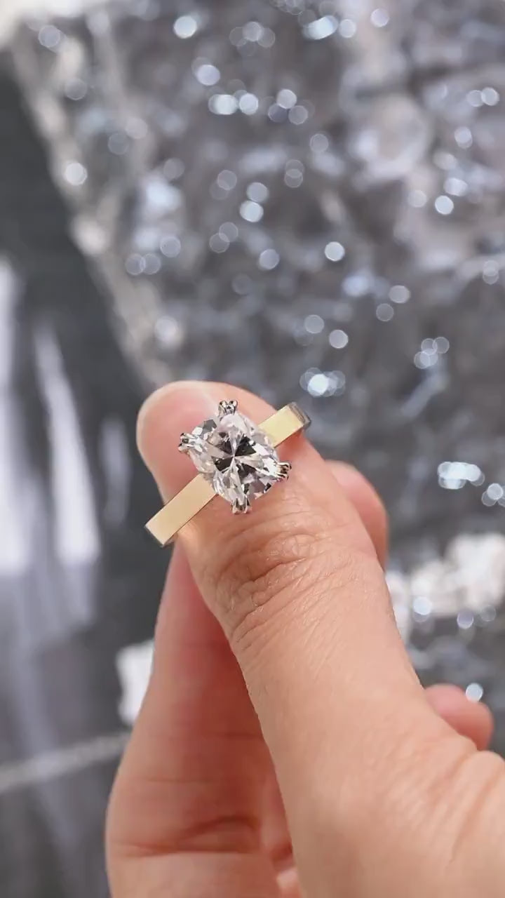 Solid Gold 3mm Band Elongated Cushion Cut Moissanite Engagement Ring, Anniversary Gift for Her