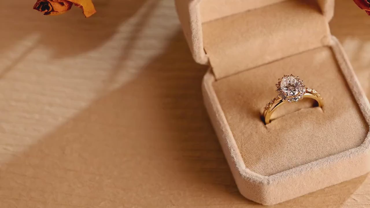 Solid Gold Floral Halo Oval Moissanite Wedding Band Set, Bridal Sets
