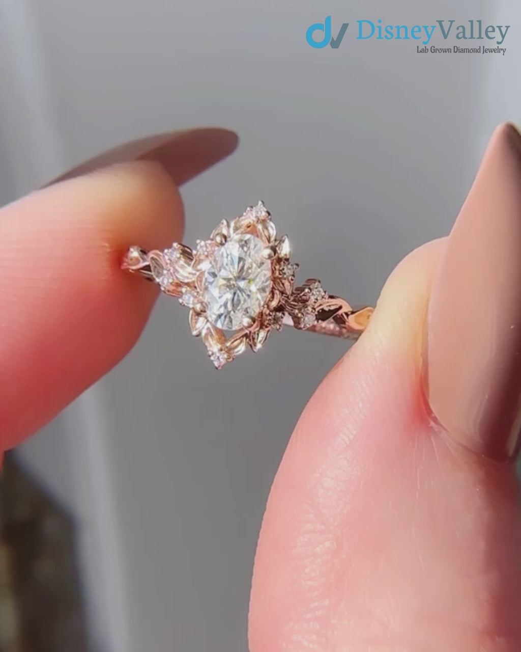 Oval Cut Lab Grown Diamond with Rose Floral Halo wedding rings