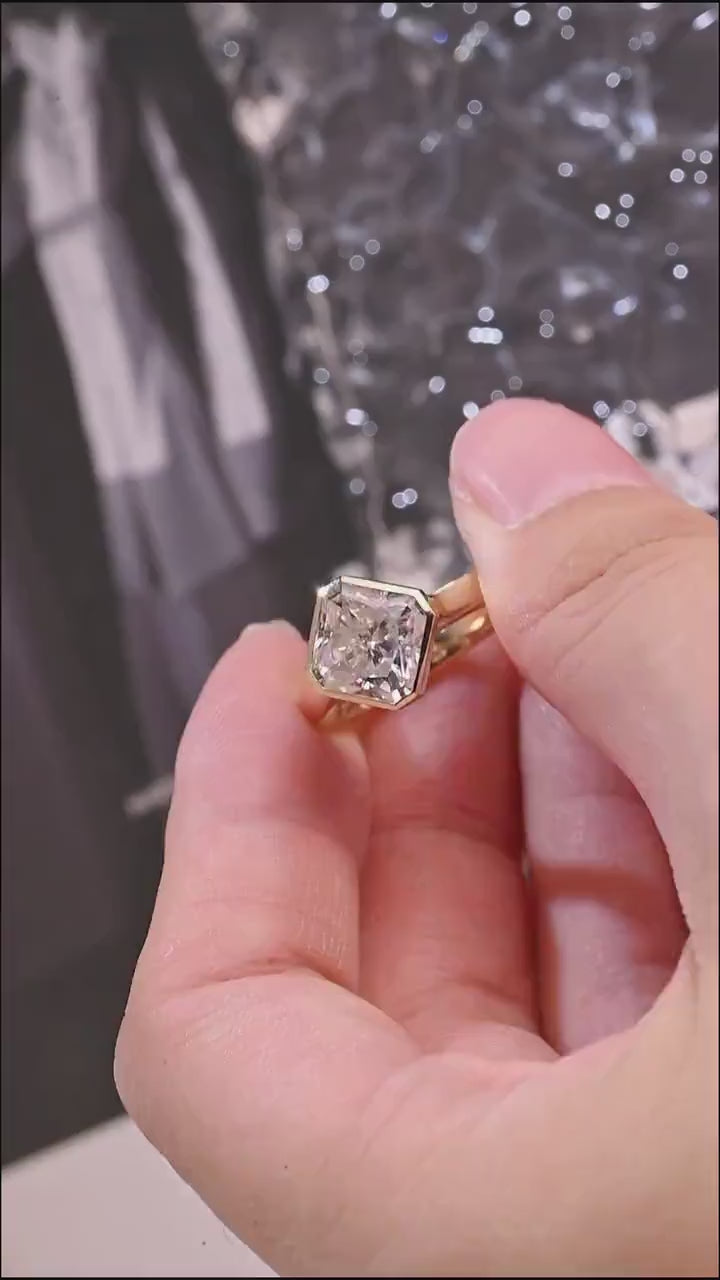 2.5mm Wide Band Solid Gold Asscher Cut Moissanite Engagement Ring, Gift for Her
