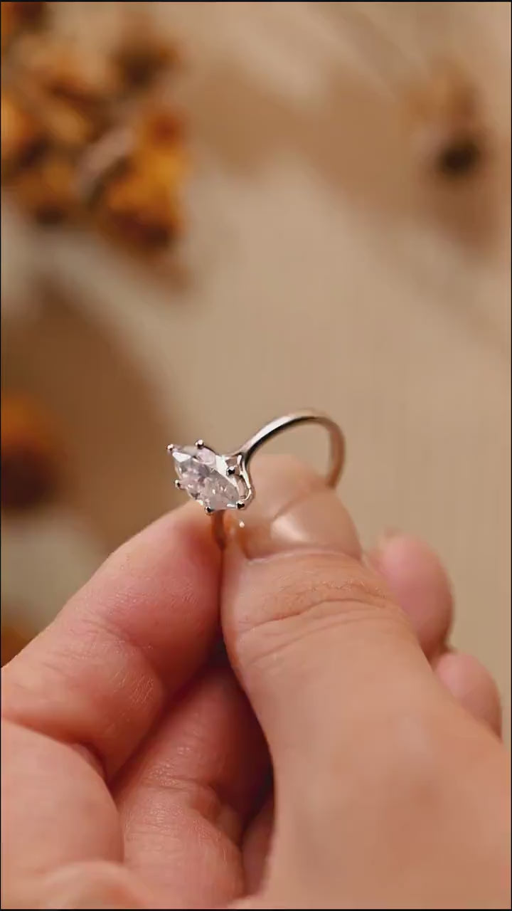Solid Gold Marquise Cut Moissanite Engagement Ring, Promise Ring