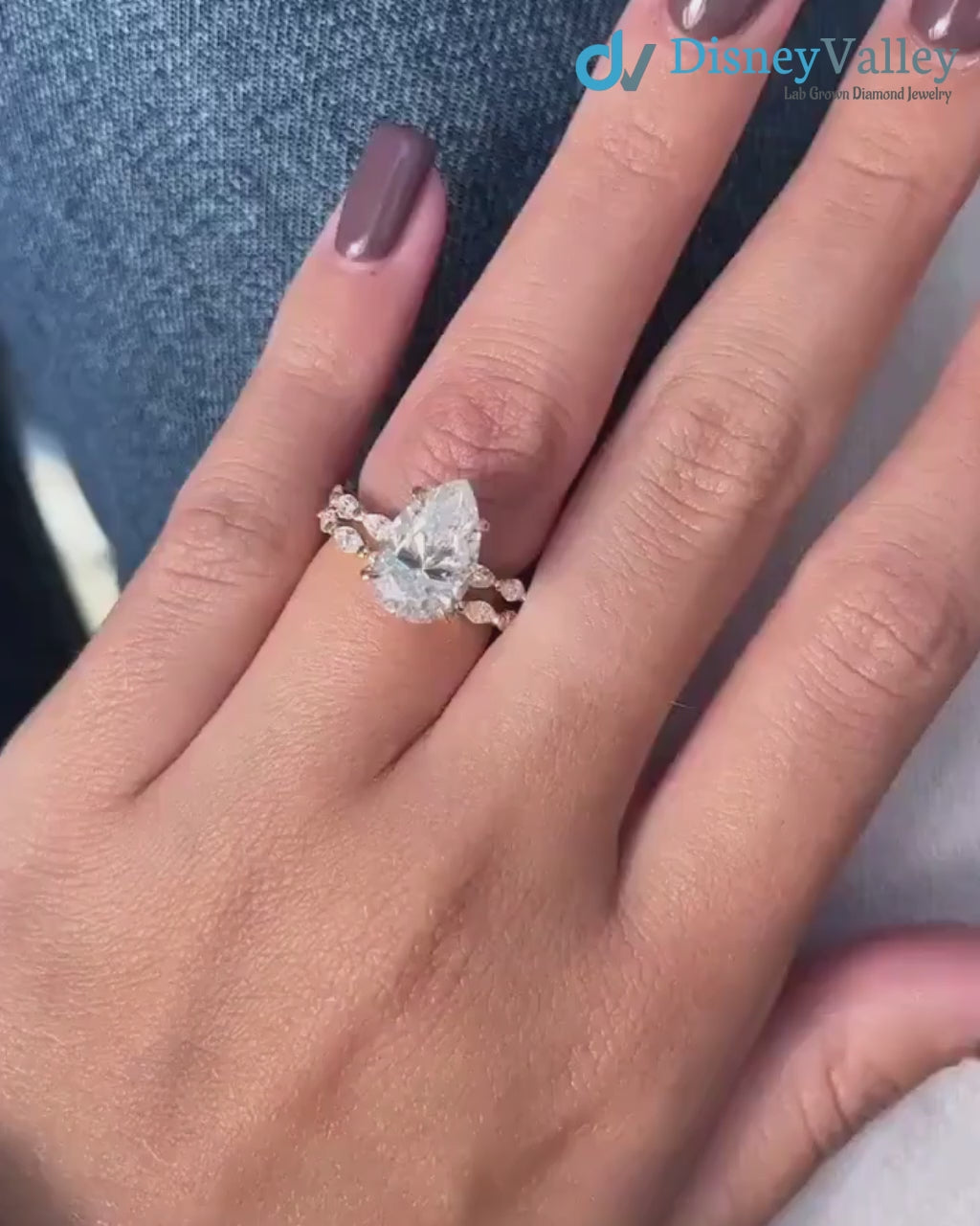 pear cut engagement ring set, 3ct Lab Grown hidden halo diamond, eternity marquise wedding band