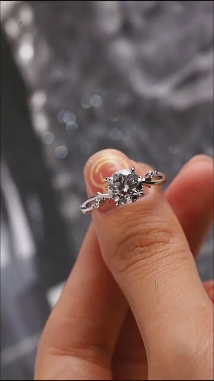 Solid Gold Round Cut Moissanite Engagement Ring, Twisted Band Ring