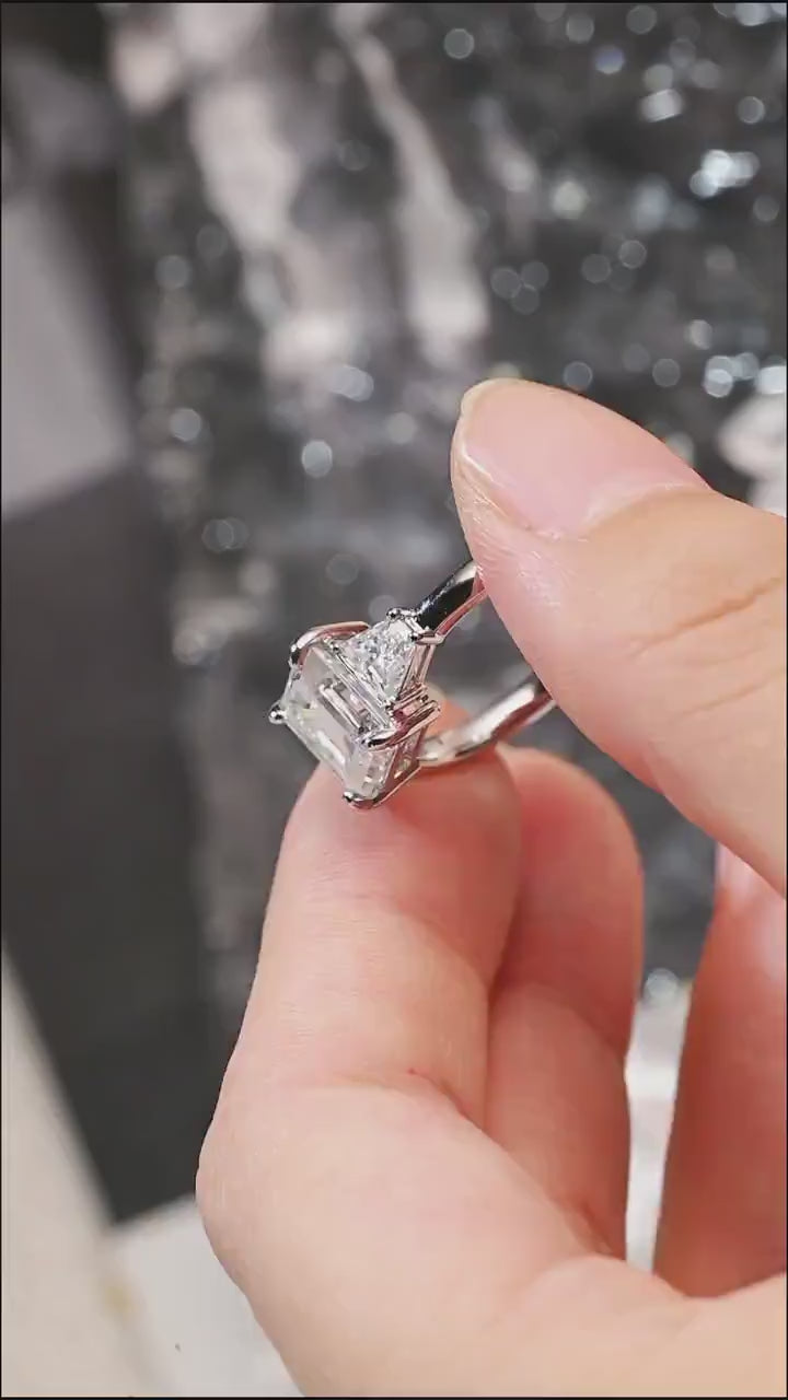 Solid Gold Emerald Cut Moissanite Engagement Ring With Trapezoid Accent, Three Stone Ring