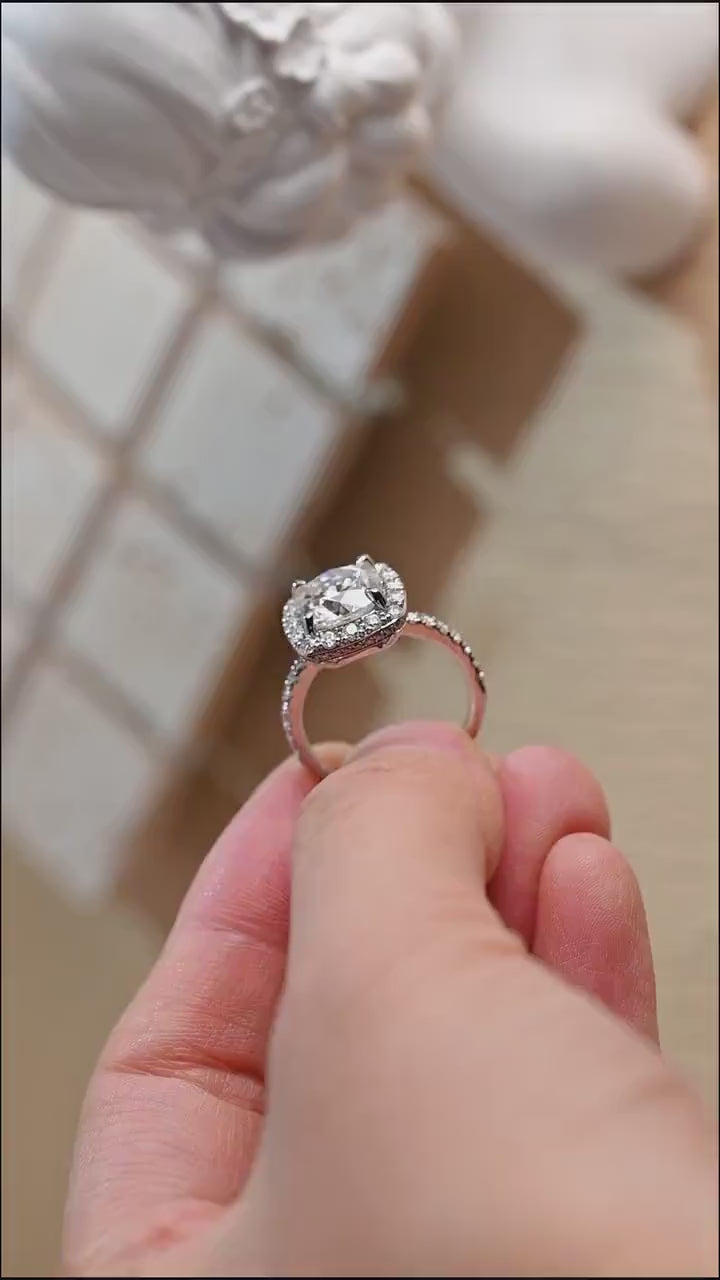 Solid Gold Cushion Cut Moissanite Engagement Ring, Pave Promise Ring