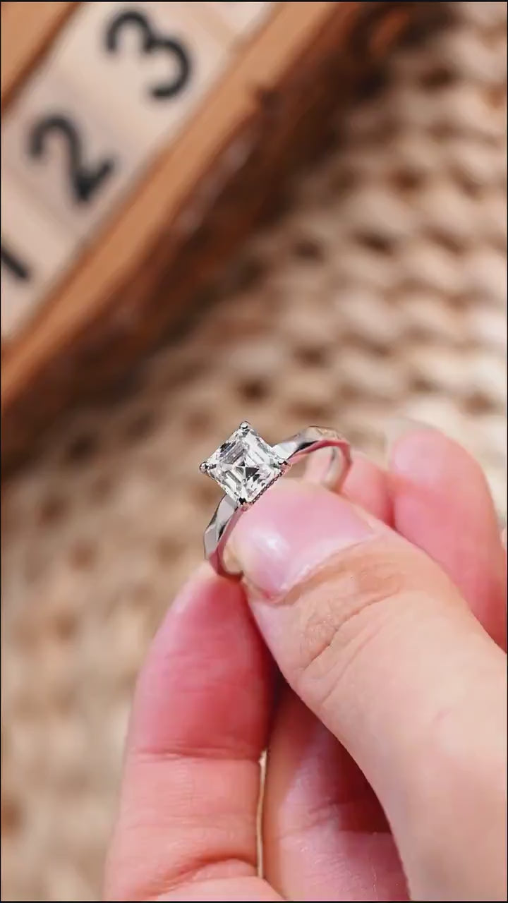Solid Gold Asscher Cut Moissanite Engagement Ring with Hidden Halo