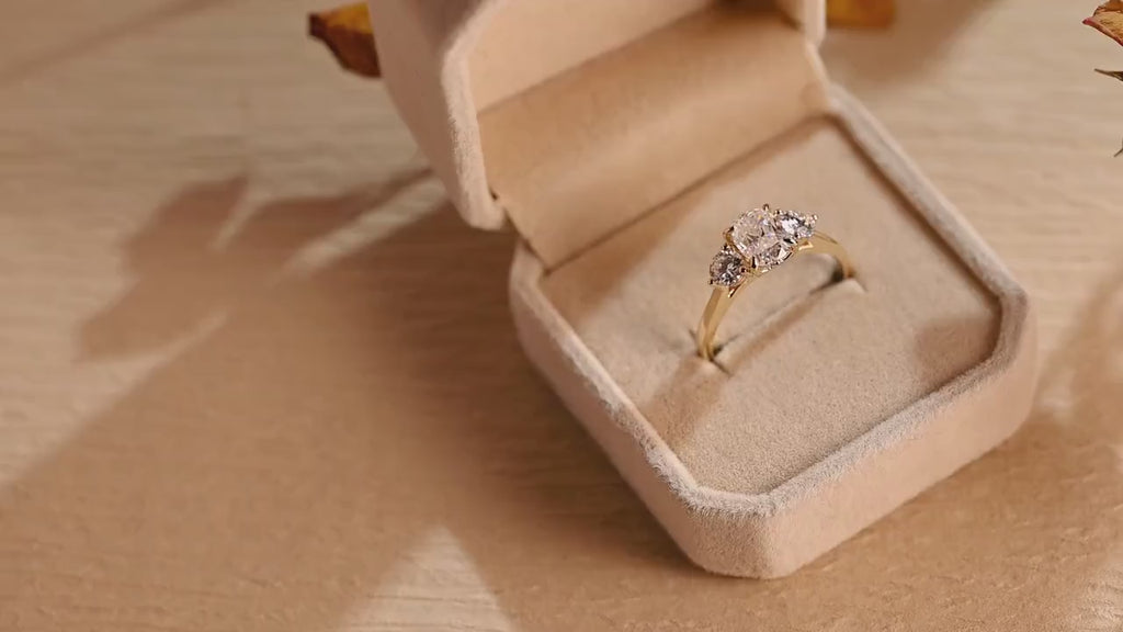 Solid Gold Elongated Cushion Moissanite Engagement Ring with Side Stone, Anniversary Gift