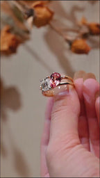 Toi et Moi Pear Cut Pink Sapphire & Emerald Cut Moissanite Engagement Ring Set