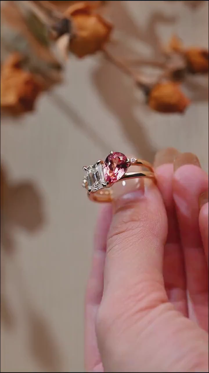Toi et Moi Pear Cut Pink Sapphire & Emerald Cut Moissanite Engagement Ring Set
