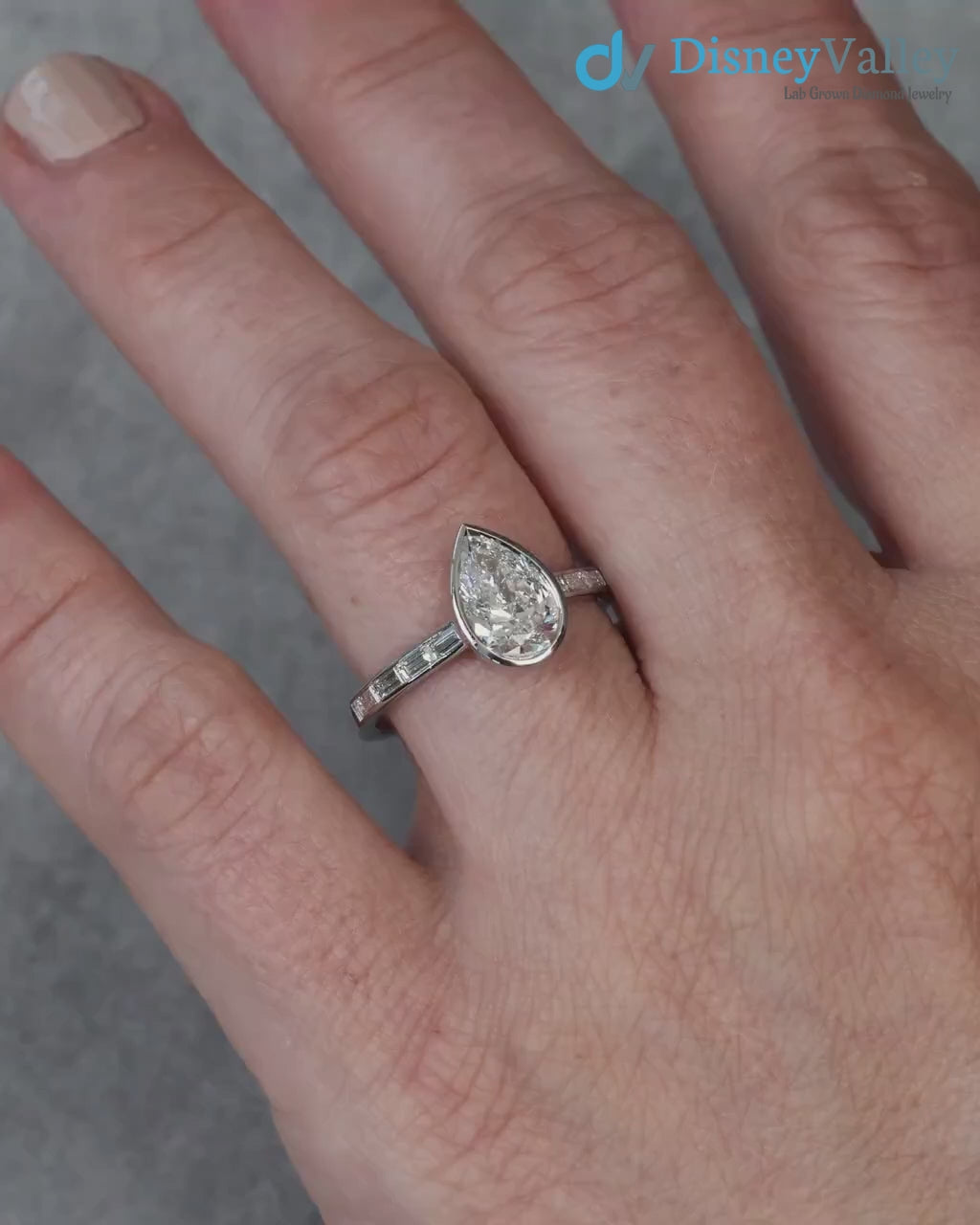 Pear Diamond Engagement Ring with Baguettes - Penelope: Bezel Set with Trellis and Channel Set