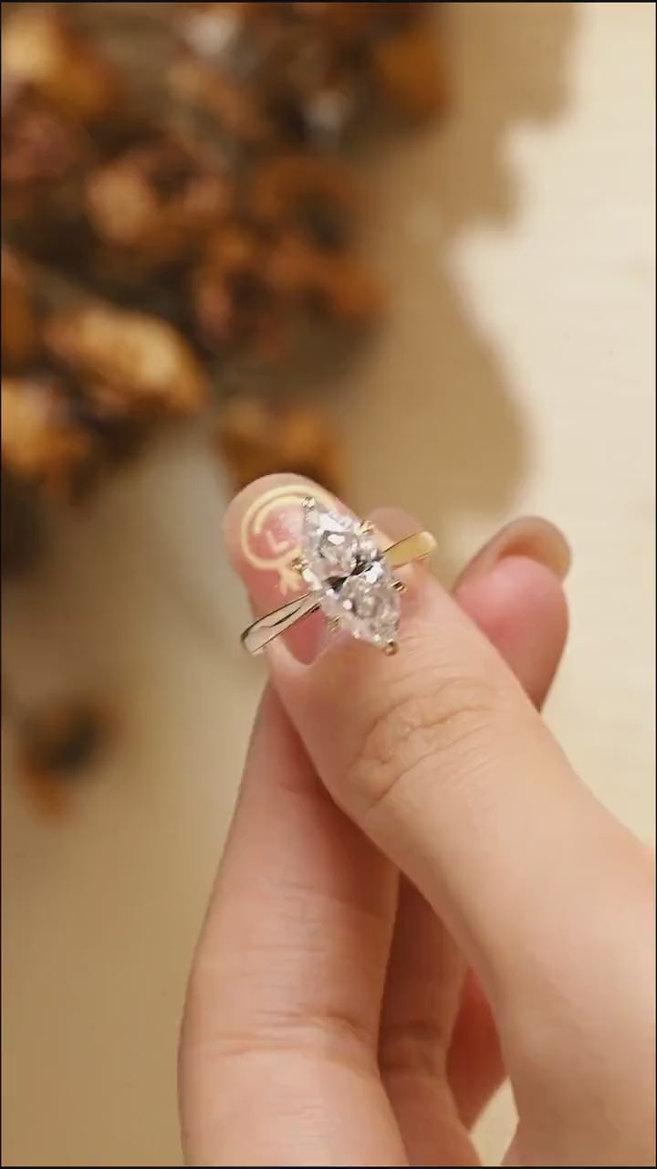 Solid Gold Tulip Floral Ring, Marquise Moissanite Engagement Ring, Engraved Ring