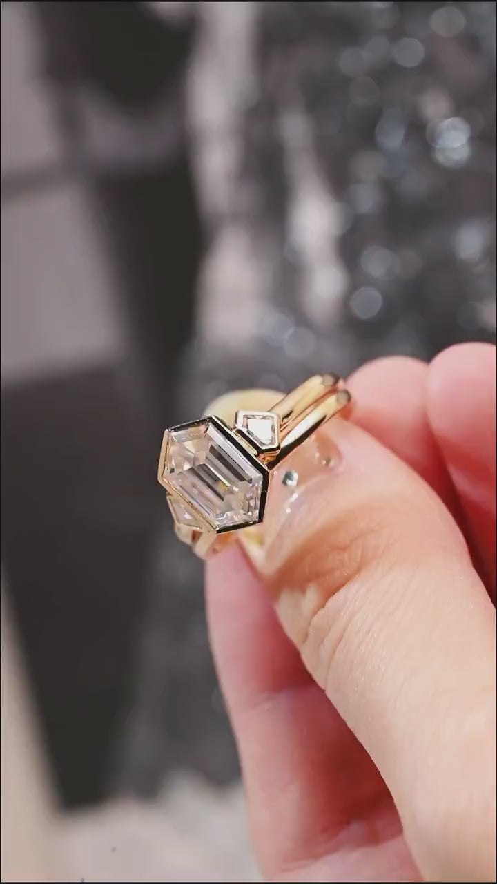 Solid Gold Hexagon Moissanite Engagement Ring Set, Bezel Ring Wedding Band Set