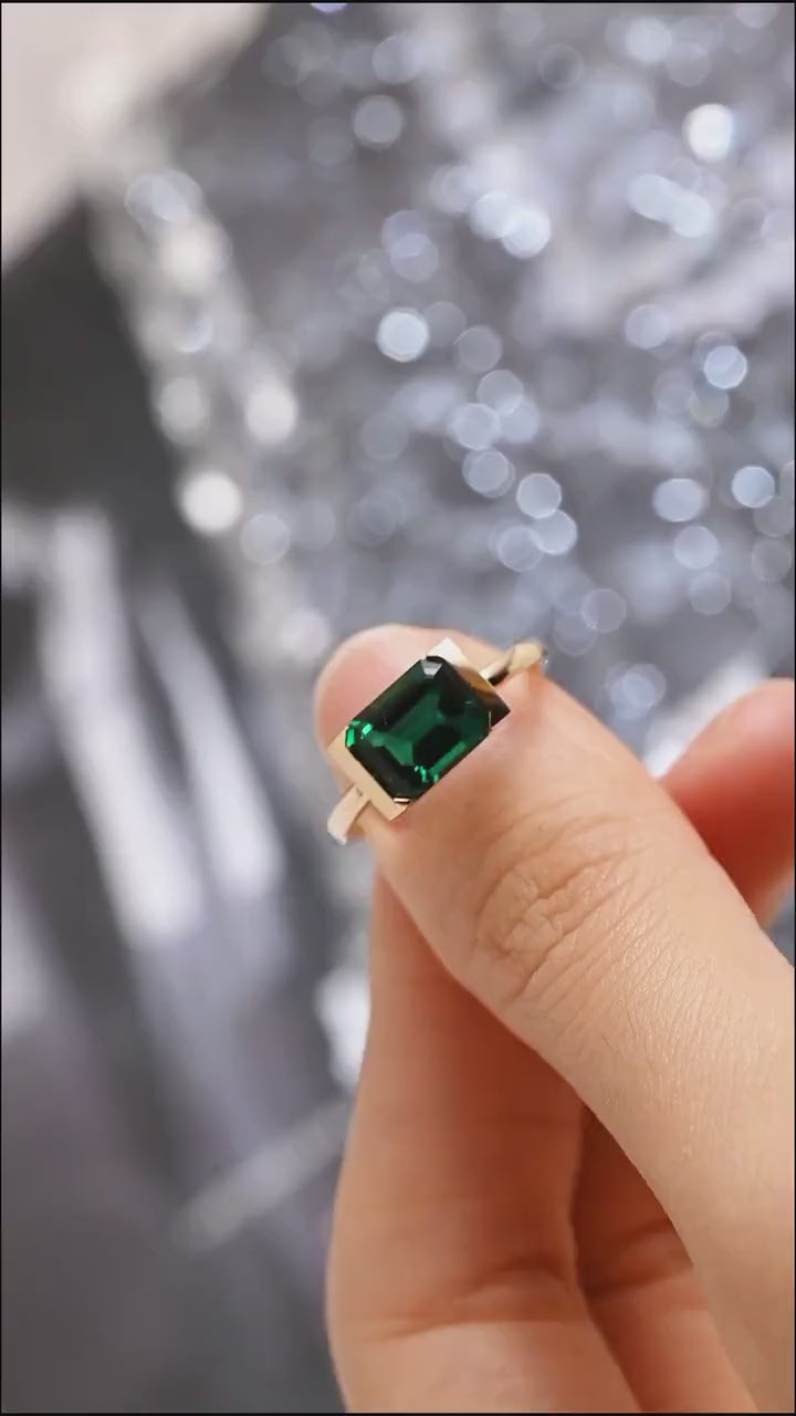 Solid Gold Lab Grown Emerald Engagement Ring, Anniversary Gift for Her