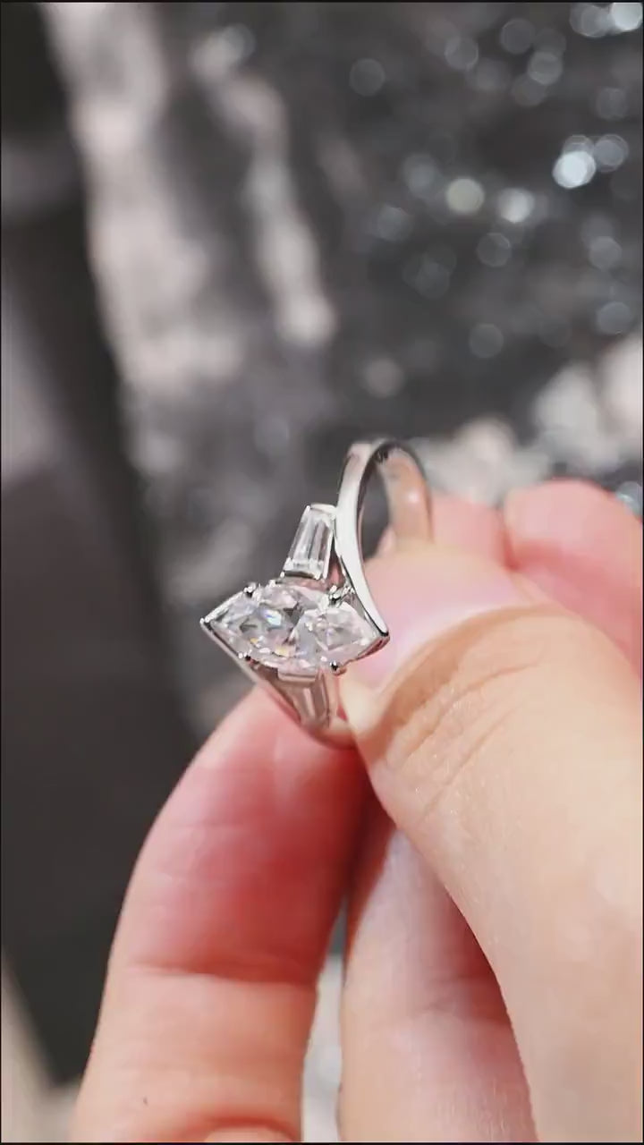 Solid Gold Marquise Moissanite Engagement Ring, Bezel Three Stone Ring