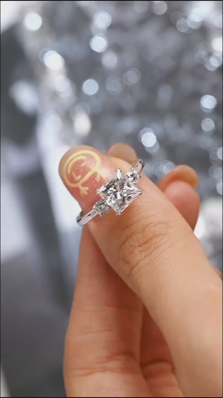 Solid Gold Princess Cut Moissanite Engagement Ring, Three Stone Promise Ring